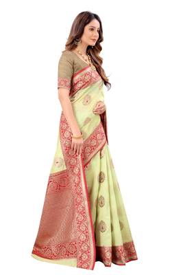 Green woven tussar silk saree with blouse 3