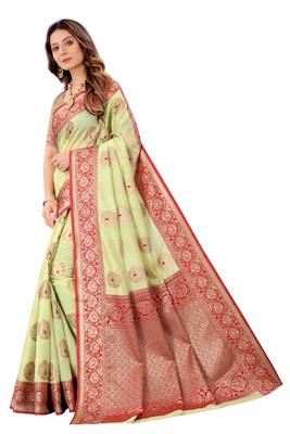 Green woven tussar silk saree with blouse 4