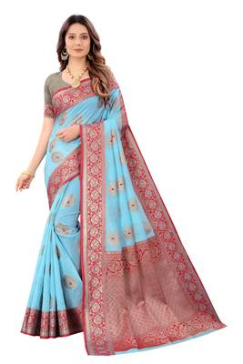 Sky blue woven tussar silk saree with blouse 1