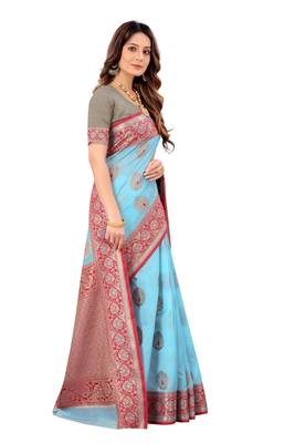 Sky blue woven tussar silk saree with blouse 3