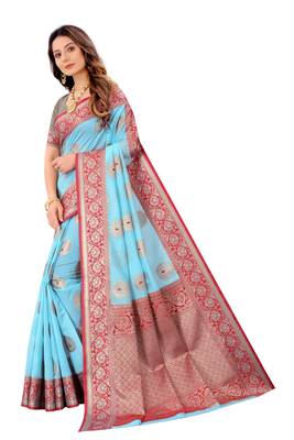 Sky blue woven tussar silk saree with blouse 4