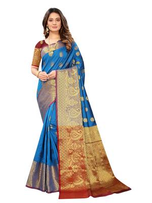 Sky blue woven art silk sarees saree with blouse 3