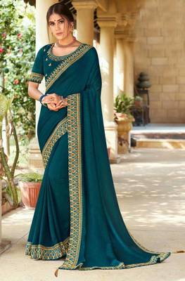 Woven Border Vichitra Silk Saree in Beautiful Peacock Green Color Paired with Embroidered Blouse 1