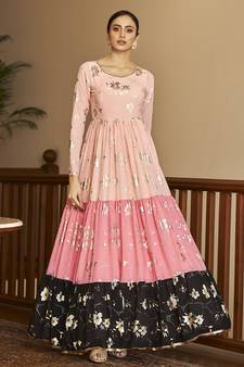 Peach & Pink & Black Metallic foilage print georgette Anarkali long gown