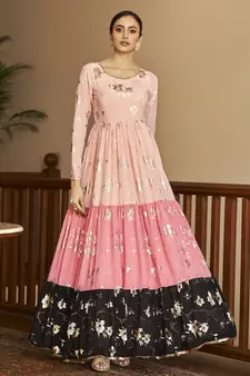 Peach & Pink & Black Metallic foilage print georgette Anarkali long gown