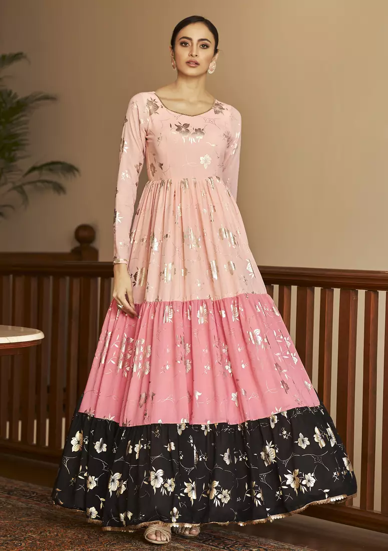 Peach & Pink & Black Metallic foilage print georgette Anarkali long gown