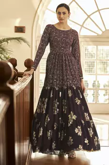 Maroon Metallic foilage print georgette Anarkali long gown