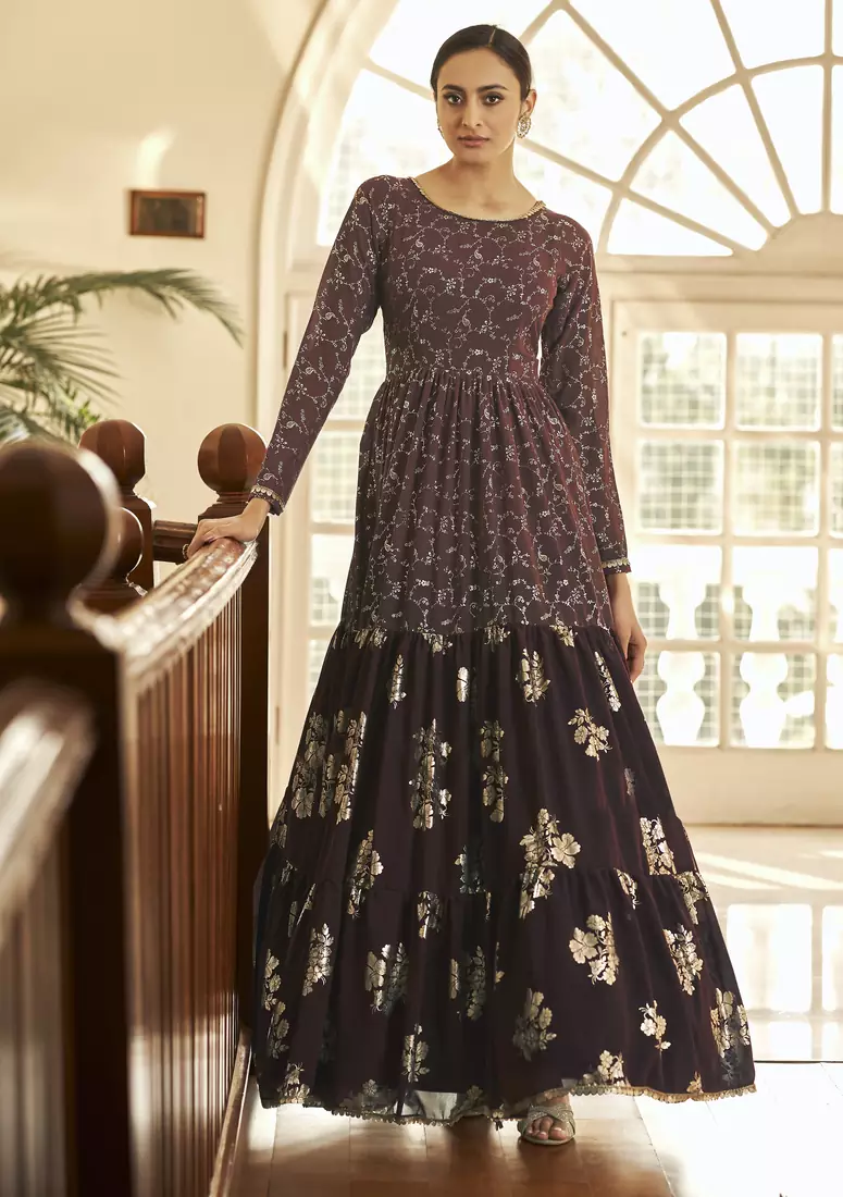 Maroon Metallic foilage print georgette Anarkali long gown