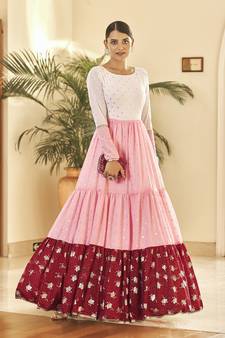 White & Pink & Maroon Metallic foilage print georgette Anarkali long gown