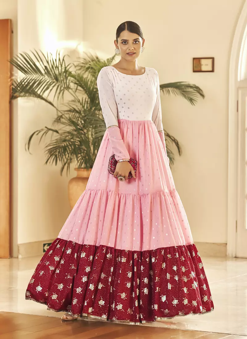 White & Pink & Maroon Metallic foilage print georgette Anarkali long gown