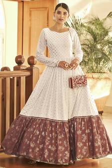 White & Brown Metallic foilage print georgette Anarkali long gown