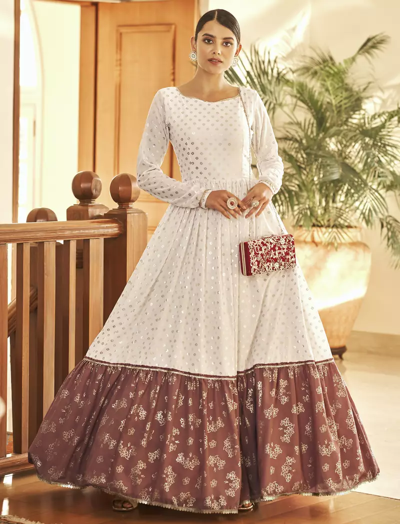 White & Brown Metallic foilage print georgette Anarkali long gown