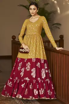 Mustard Yellow & Rani Pink Metallic foilage print georgette Anarkali long gown