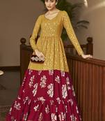 Mustard Yellow & Rani Pink Metallic foilage print georgette Anarkali long gown