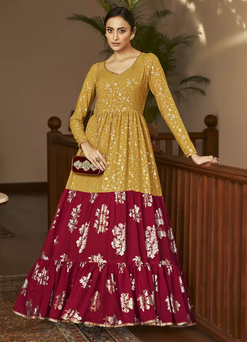 Mustard Yellow & Rani Pink Metallic foilage print georgette Anarkali long gown