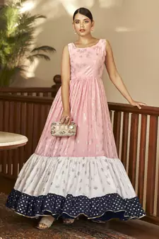 Pink & white & navy blue Metallic foilage print georgette Anarkali long gown