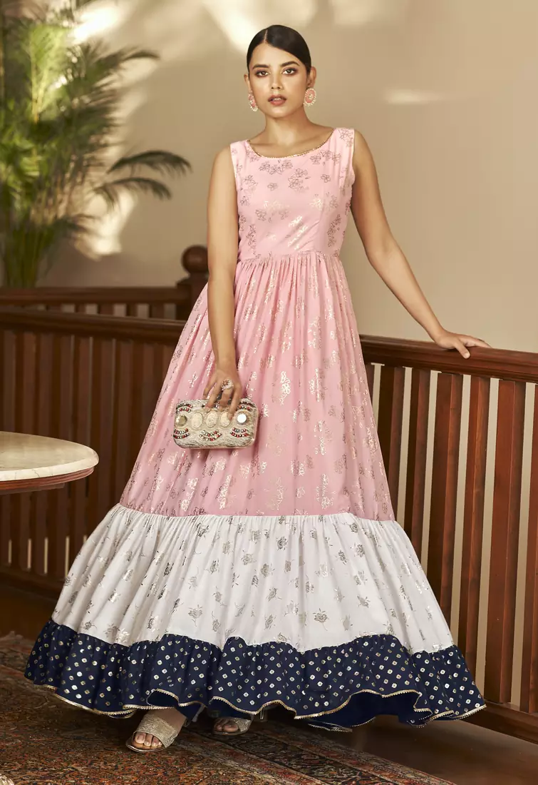 Pink & white & navy blue Metallic foilage print georgette Anarkali long gown