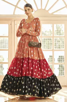 Orange & Red & Black Metallic foilage print georgette Anarkali long gown
