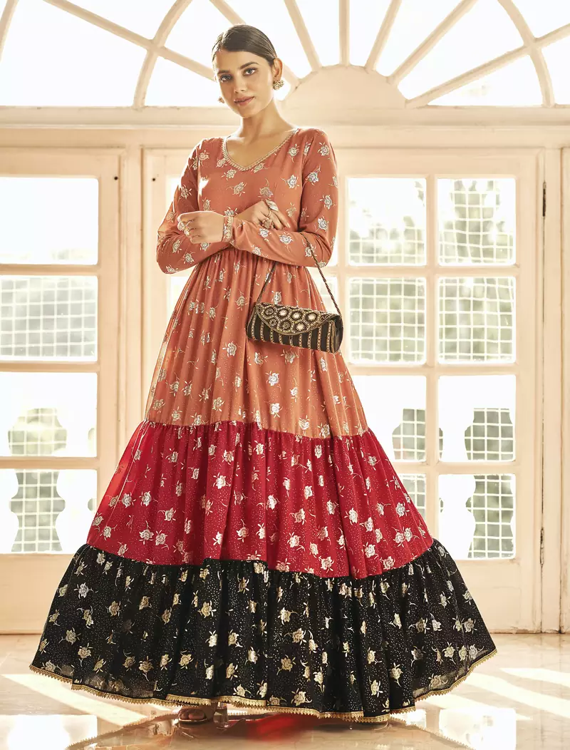 Orange & Red & Black Metallic foilage print georgette Anarkali long gown
