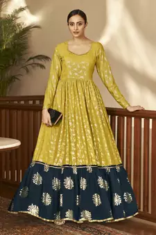 Floracance & Navy Blue Green Metallic foilage print georgette Anarkali long gown