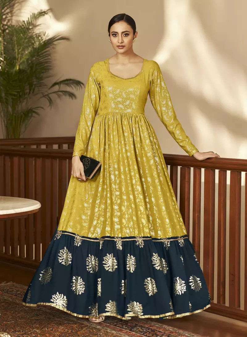 Floracance & Navy Blue Green Metallic foilage print georgette Anarkali long gown