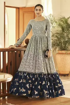 Pista Grey & Navy Blue Metallic foilage print georgette Anarkali long gown