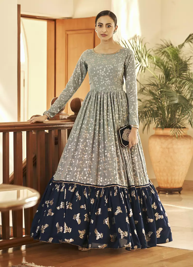 Pista Grey & Navy Blue Metallic foilage print georgette Anarkali long gown