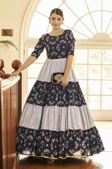 Navy-blue & Grey Metallic foilage print georgette Anarkali long gown
