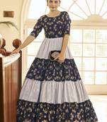 Navy-blue & Grey Metallic foilage print georgette Anarkali long gown