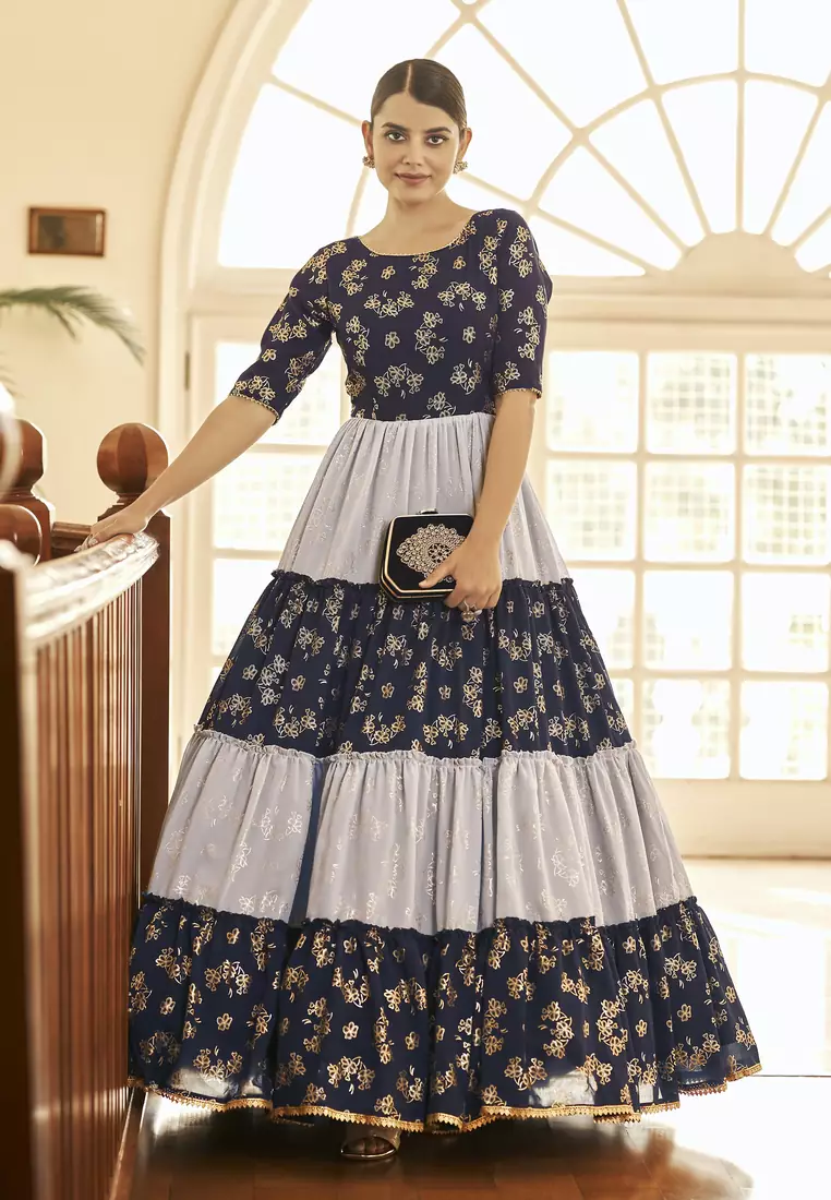 Navy-blue & Grey Metallic foilage print georgette Anarkali long gown