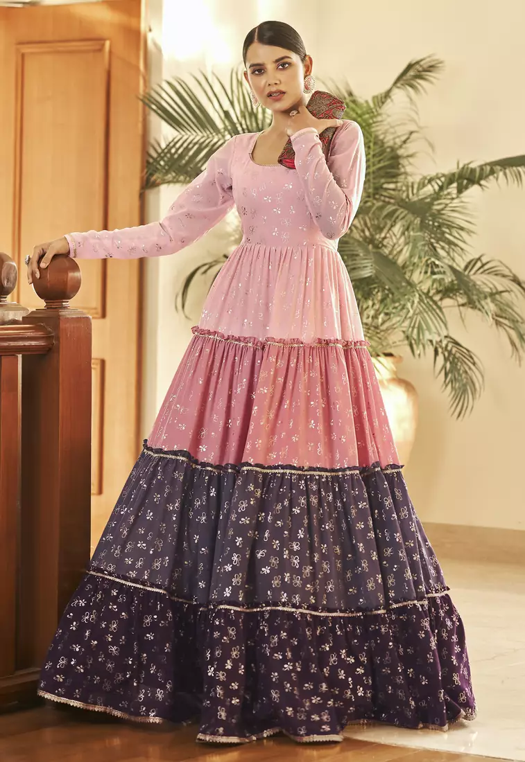Pink & Peach & Wine Metallic foilage print georgette Anarkali long gown
