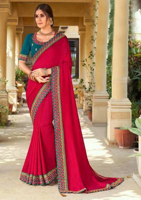 Woven Border Vichitra Silk Saree in Beautiful Carrrot Red Color Paired with Embroidered Blouse 1