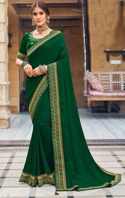 Woven Border Vichitra Silk Saree in Beautiful Green Color Paired with Embroidered Blouse 1