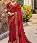 Woven Border Vichitra Silk Saree in Beautiful Cherry Color Paired with Embroidered Blouse