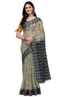 Light green printed linen saree with blouse