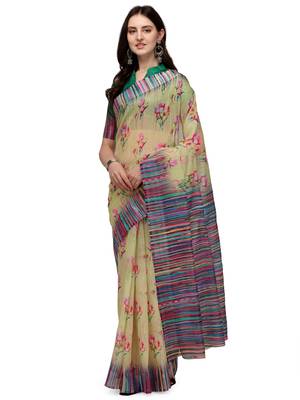 Light yellow printed linen saree with blouse 1