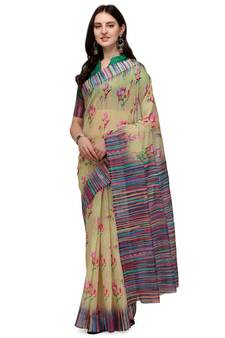 Light yellow printed linen saree with blouse
