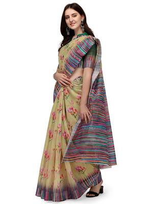 Light yellow printed linen saree with blouse 2