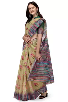 Light yellow printed linen saree with blouse