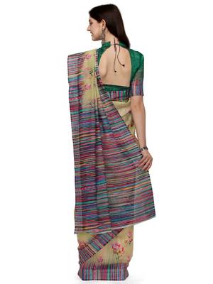 Light yellow printed linen saree with blouse 3