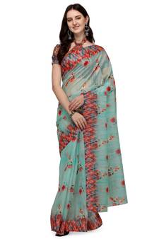 Light blue printed linen saree with blouse
