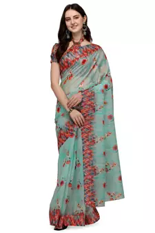 Light blue printed linen saree with blouse