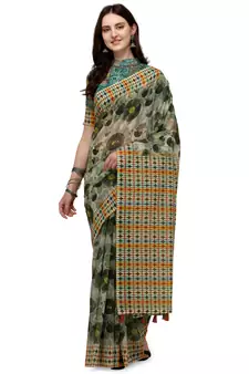 White printed linen saree with blouse