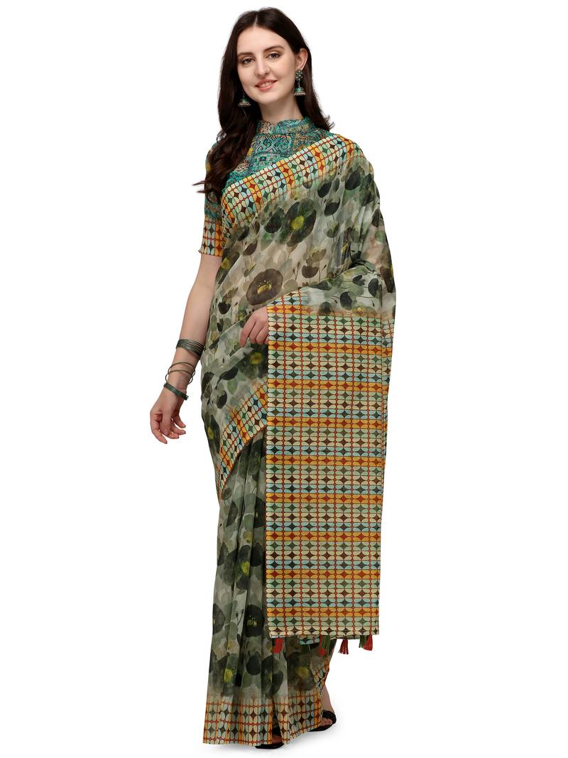 White printed linen saree with blouse