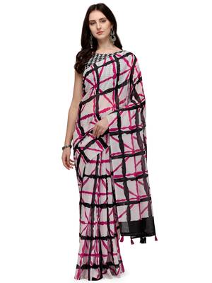 White printed linen saree with blouse 1