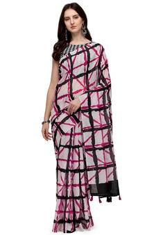 White printed linen saree with blouse