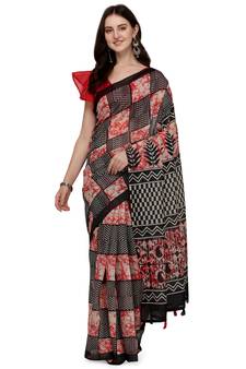 Black printed linen saree with blouse