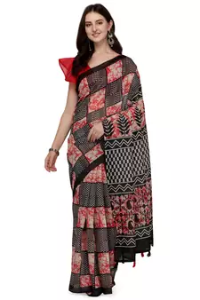Black printed linen saree with blouse