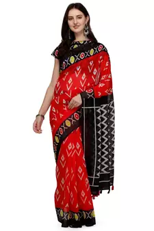 Red printed linen saree with blouse