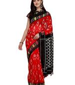 Red printed linen saree with blouse
